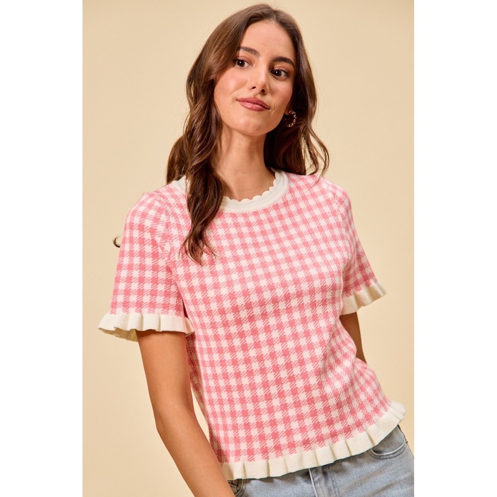 SO ME Gingham Knit Ruffled Short Sleeves Sweater Top - Pink - XL - Picture 7 of 12